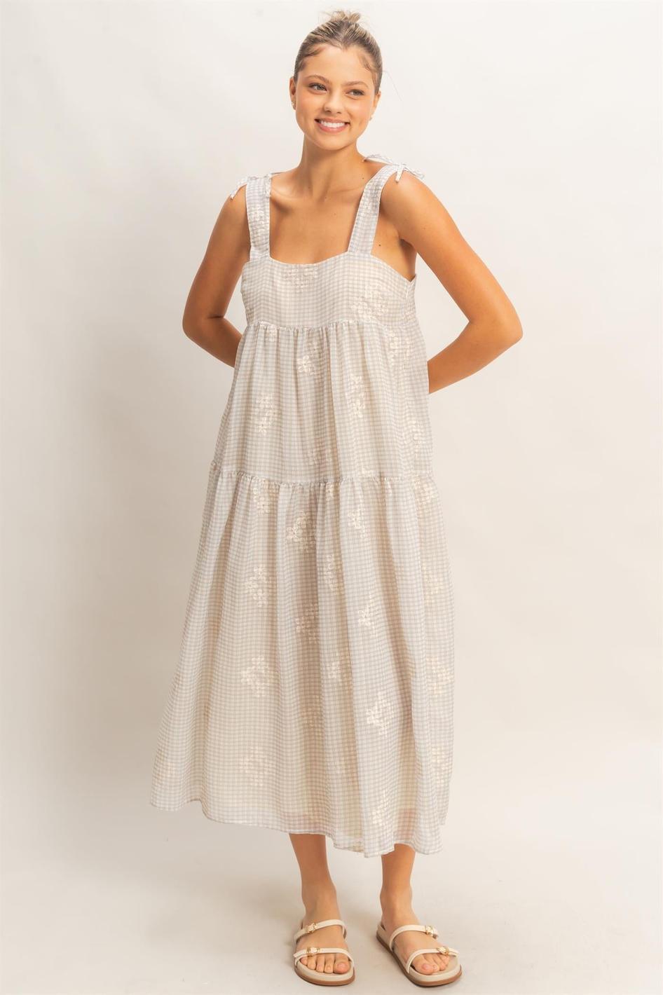 WOMEN'S SLEEVELESS SQUARE NECK EMBROIDERY FLORAL PLAID TIERED MAXI