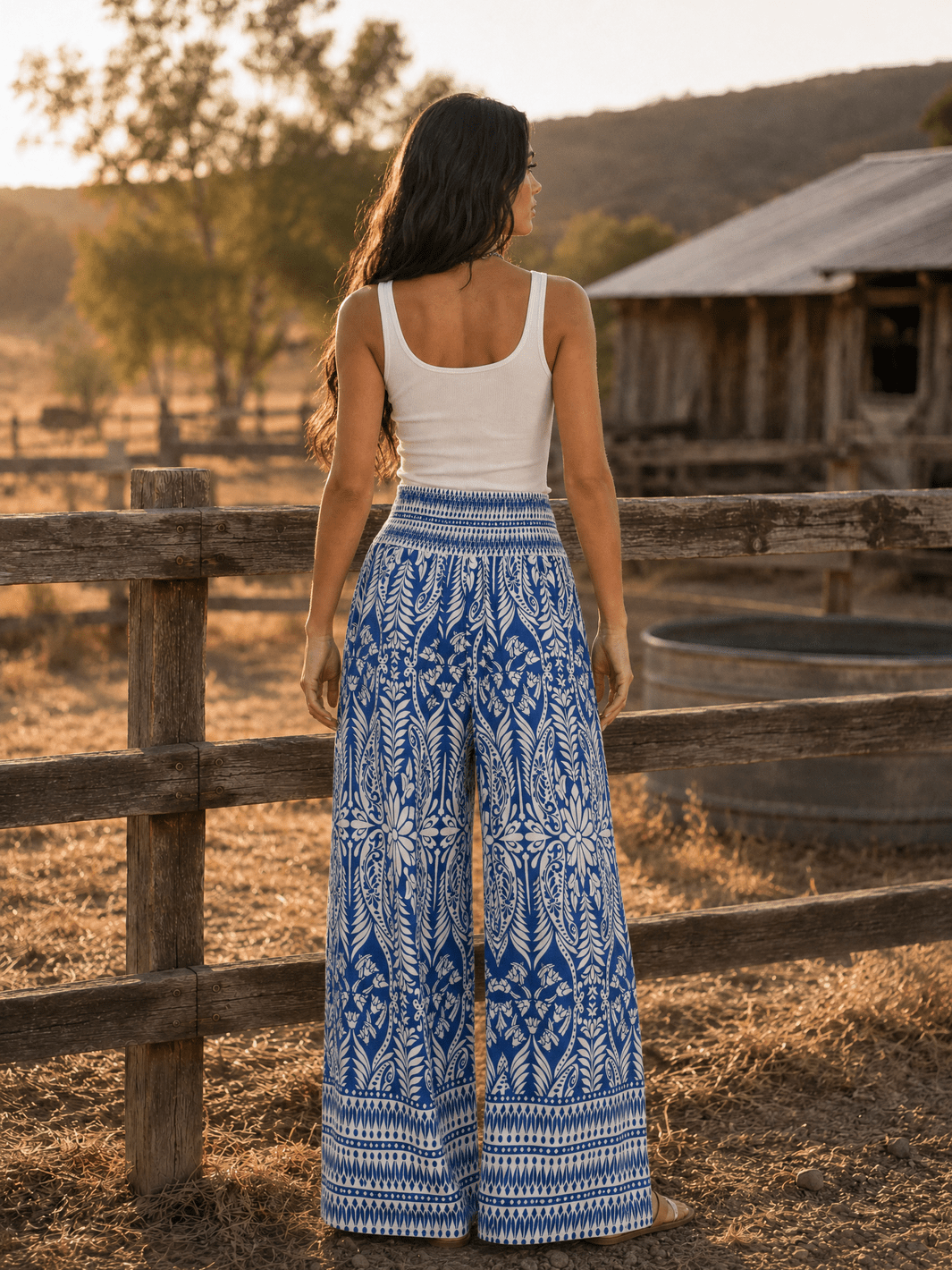 WOMEN'S ELASTIC WAIST FRONT POCKETS MULTI PRINT WIDE LEG PALAZZO PANTS
