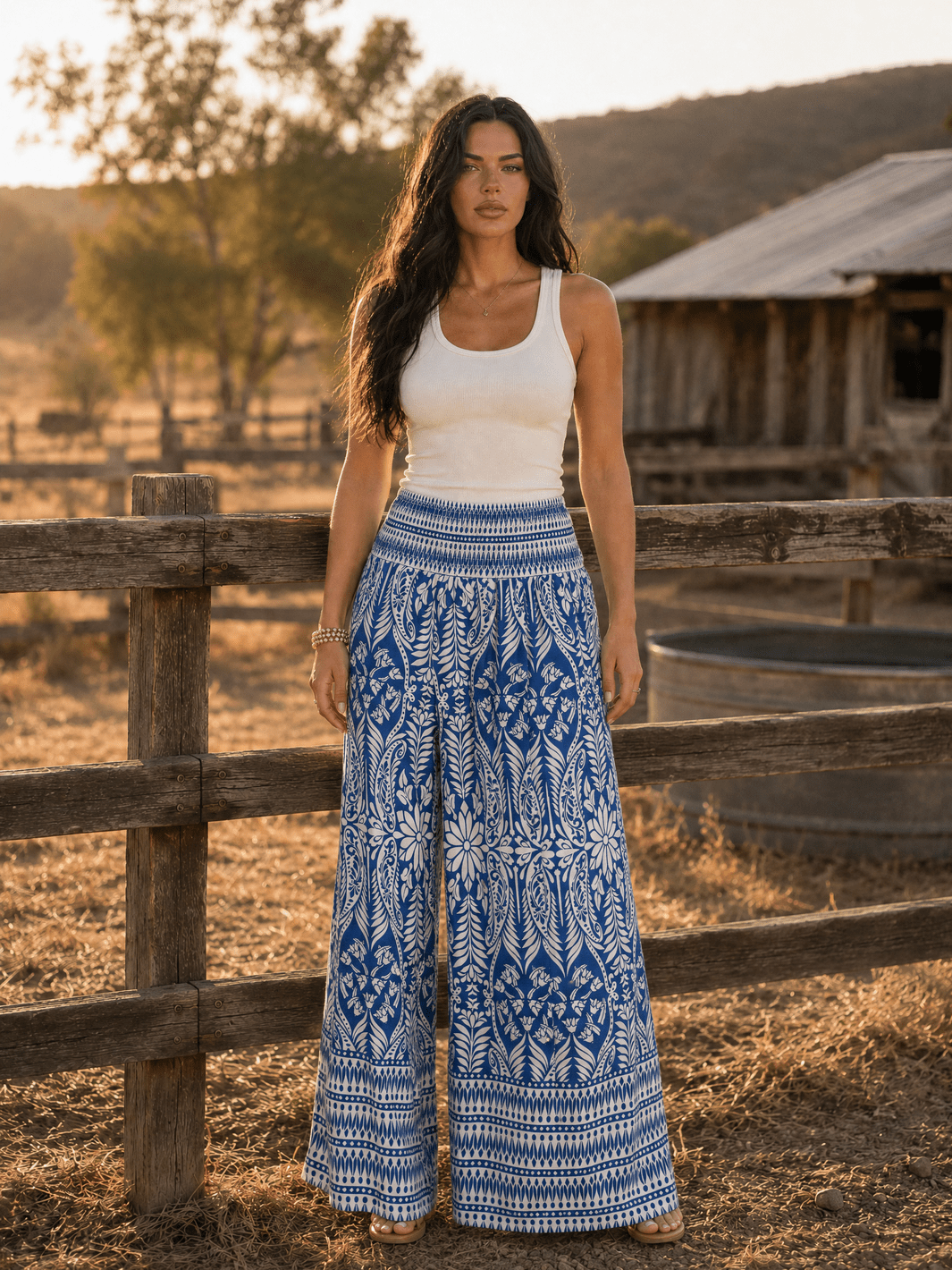 WOMEN'S ELASTIC WAIST FRONT POCKETS MULTI PRINT WIDE LEG PALAZZO PANTS