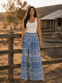 WOMEN'S ELASTIC WAIST FRONT POCKETS MULTI PRINT WIDE LEG PALAZZO PANTS
