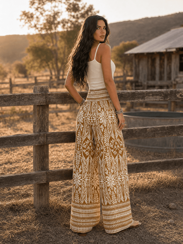 WOMEN'S ELASTIC WAIST FRONT POCKETS MULTI PRINT WIDE LEG PALAZZO PANTS