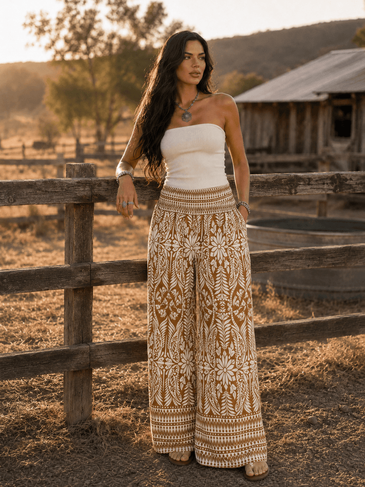 WOMEN'S ELASTIC WAIST FRONT POCKETS MULTI PRINT WIDE LEG PALAZZO PANTS