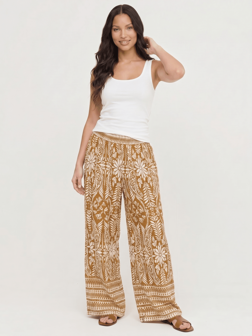 WOMEN'S ELASTIC WAIST FRONT POCKETS MULTI PRINT WIDE LEG PALAZZO PANTS