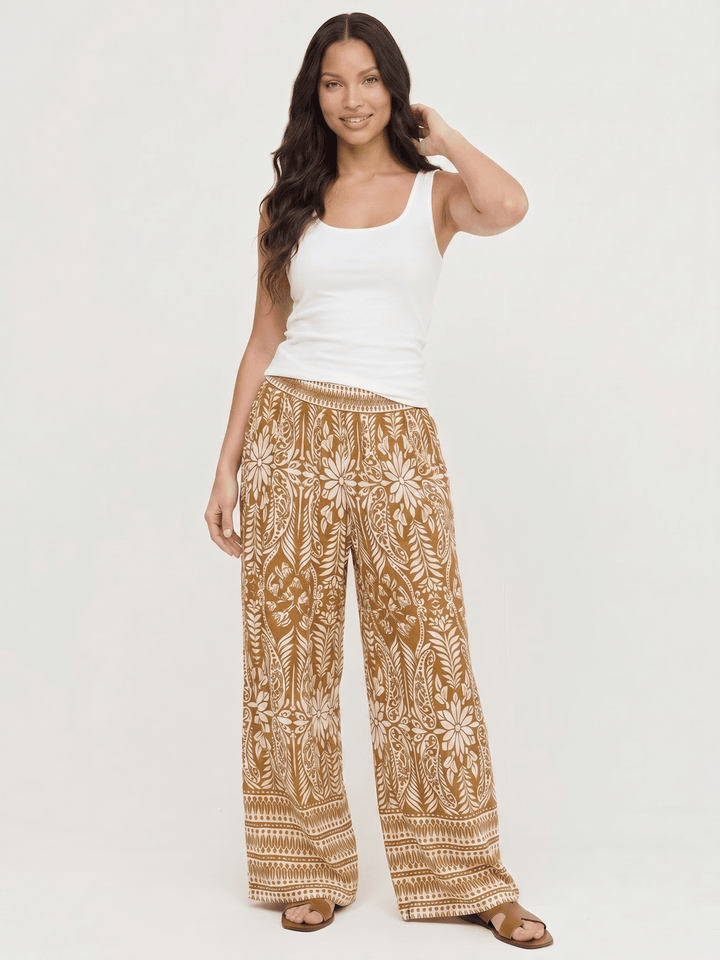 WOMEN'S ELASTIC WAIST FRONT POCKETS MULTI PRINT WIDE LEG PALAZZO PANTS