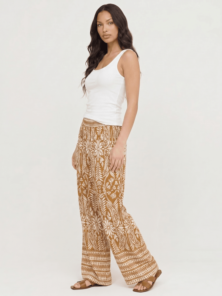 WOMEN'S ELASTIC WAIST FRONT POCKETS MULTI PRINT WIDE LEG PALAZZO PANTS
