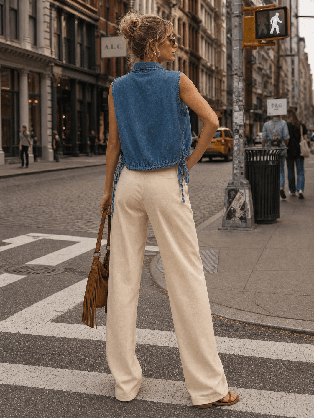 WOMEN'S SLEEVELESS V-NECK ADJUSTABLE WAIST DENIM TOP