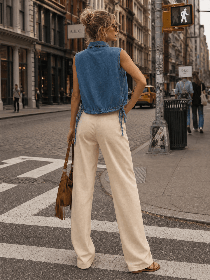 WOMEN'S SLEEVELESS V-NECK ADJUSTABLE WAIST DENIM TOP