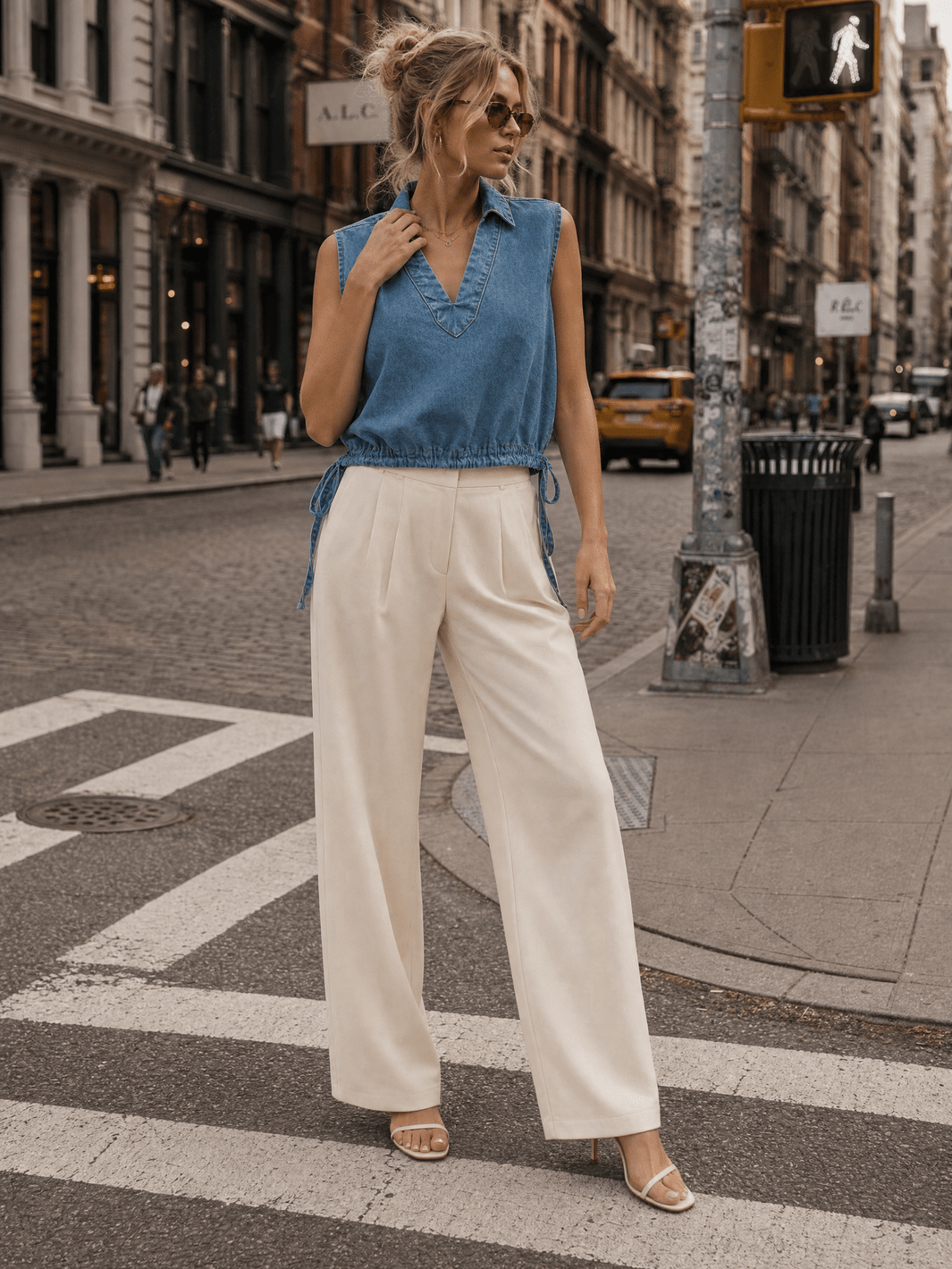 WOMEN'S SLEEVELESS V-NECK ADJUSTABLE WAIST DENIM TOP