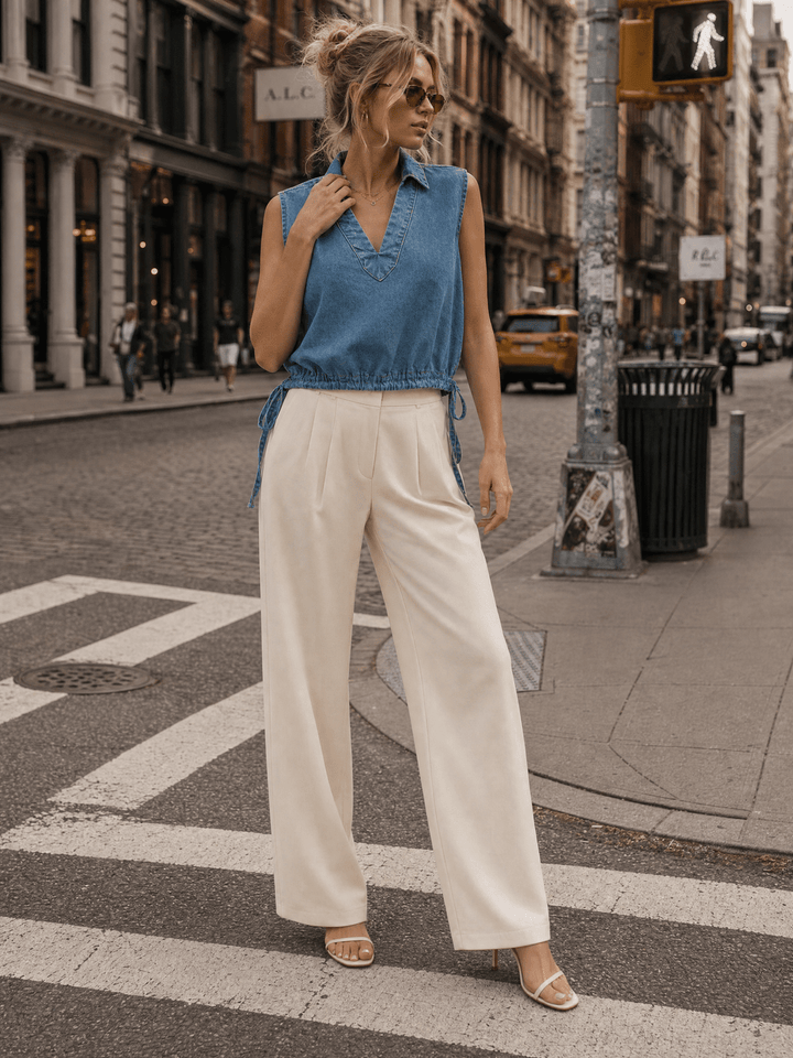 WOMEN'S SLEEVELESS V-NECK ADJUSTABLE WAIST DENIM TOP