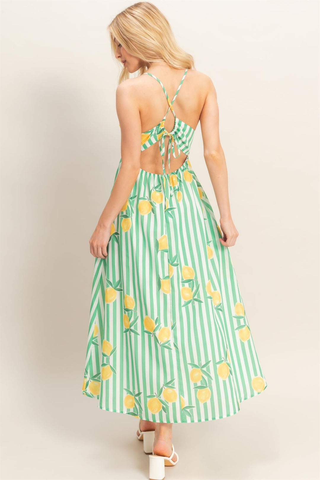 WOMEN'S SLEEVELESS V-NECK OPEN BACK FRONT POCKETS LEMON PRINT MAXI DRESS