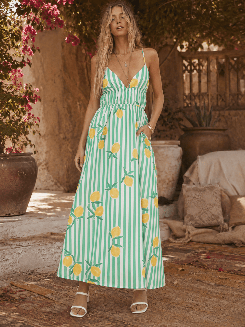 WOMEN'S SLEEVELESS V-NECK OPEN BACK FRONT POCKETS LEMON PRINT MAXI DRESS