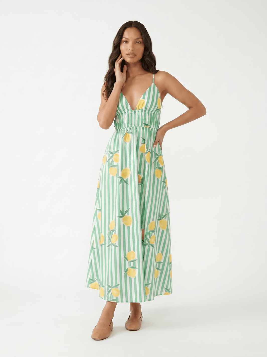 WOMEN'S SLEEVELESS V-NECK OPEN BACK FRONT POCKETS LEMON PRINT MAXI DRESS