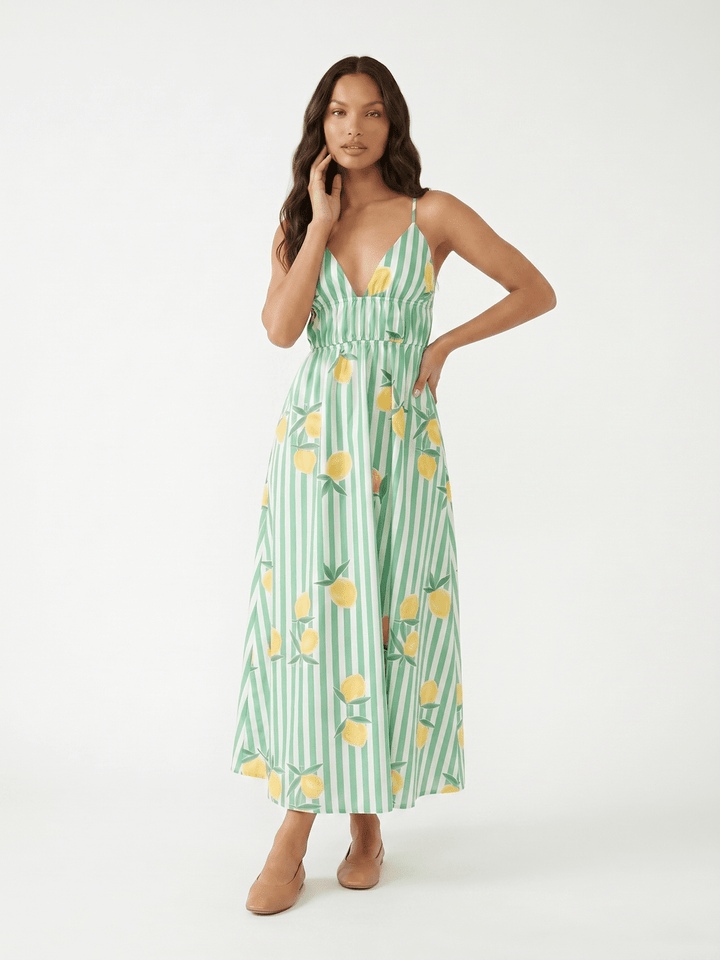 WOMEN'S SLEEVELESS V-NECK OPEN BACK FRONT POCKETS LEMON PRINT MAXI DRESS