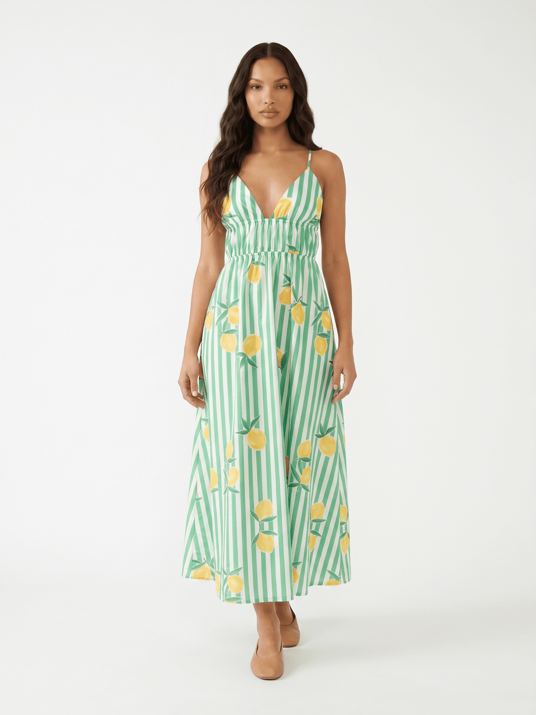 WOMEN'S SLEEVELESS V-NECK OPEN BACK FRONT POCKETS LEMON PRINT MAXI DRESS