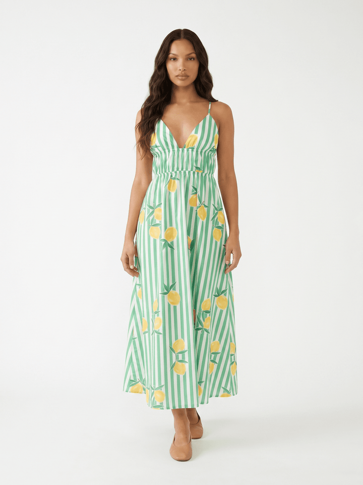 WOMEN'S SLEEVELESS V-NECK OPEN BACK FRONT POCKETS LEMON PRINT MAXI DRESS