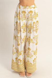 *******WOMEN'S ELASTIC WAIST BUTTON CLOSURE POCKETS WIDE LEG PRINT PANTS