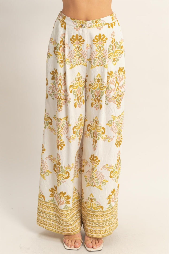 *******WOMEN'S ELASTIC WAIST BUTTON CLOSURE POCKETS WIDE LEG PRINT PANTS