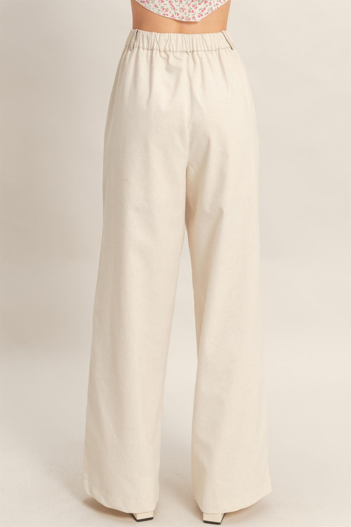 *******WOMEN'S ELASTIC WAIST BUTTON CLOSURE POCKETS WIDE LEG LINEN PANTS
