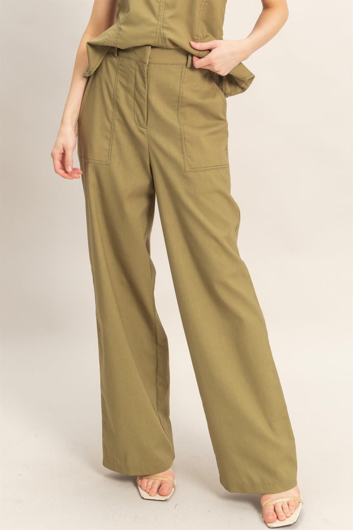 *******WOMEN'S ELASTIC WAIST BUTTON CLOSURE POCKETS WIDE LEG LINEN PANTS