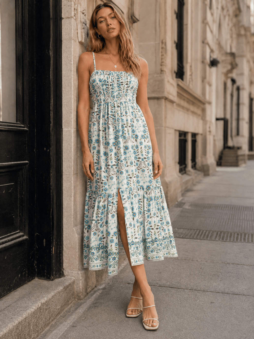 WOMEN'S SLEEVELESS SMOCK BUTTON UP FRONT SLIT FLORAL PRINT TIERED MAXI DRESS