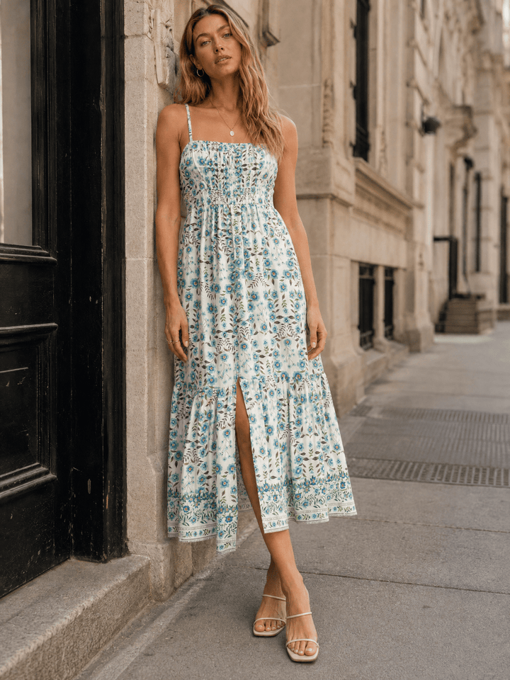 WOMEN'S SLEEVELESS SMOCK BUTTON UP FRONT SLIT FLORAL PRINT TIERED MAXI DRESS