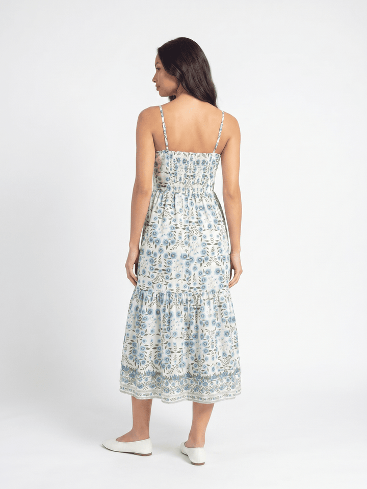 WOMEN'S SLEEVELESS SMOCK BUTTON UP FRONT SLIT FLORAL PRINT TIERED MAXI DRESS