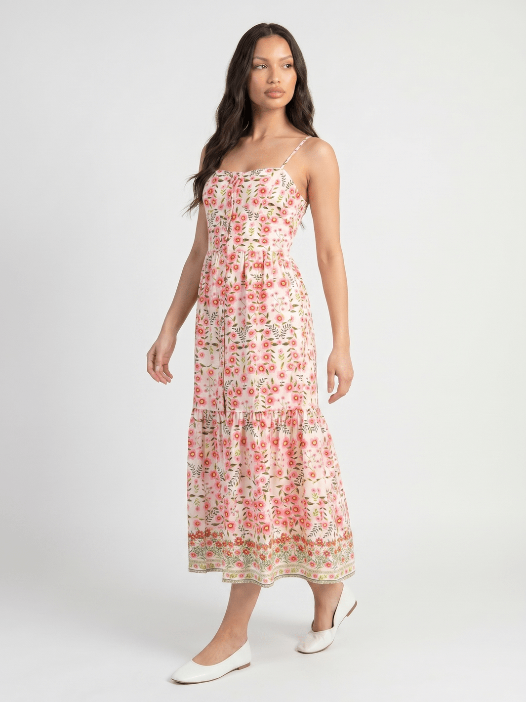 WOMEN'S SLEEVELESS SMOCK BUTTON UP FRONT SLIT FLORAL PRINT TIERED MAXI DRESS