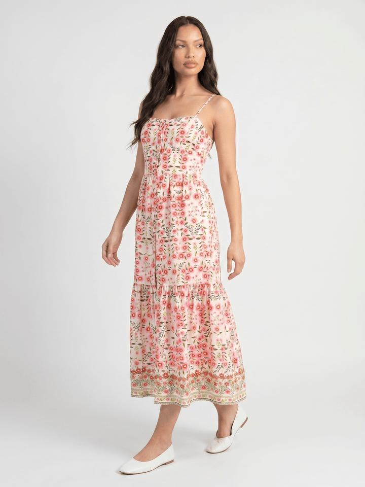 WOMEN'S SLEEVELESS SMOCK BUTTON UP FRONT SLIT FLORAL PRINT TIERED MAXI DRESS