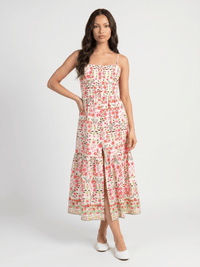 WOMEN'S SLEEVELESS SMOCK BUTTON UP FRONT SLIT FLORAL PRINT TIERED MAXI DRESS