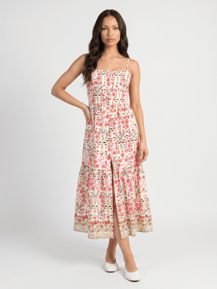 WOMEN'S SLEEVELESS SMOCK BUTTON UP FRONT SLIT FLORAL PRINT TIERED MAXI DRESS