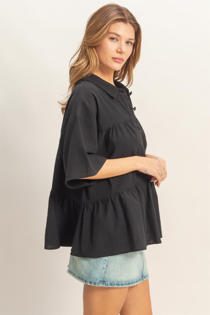 WOMEN'S SHORT SLEEVE BUTTON UP TIERED TUNIC TOP