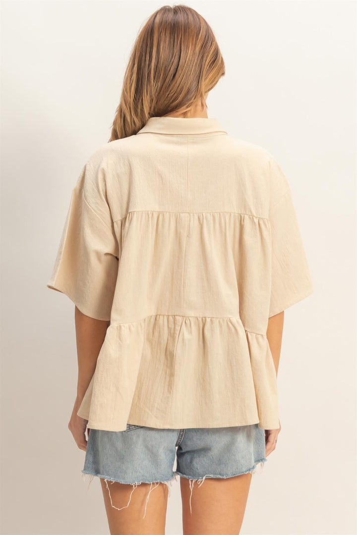 WOMEN'S SHORT SLEEVE BUTTON UP TIERED TUNIC TOP