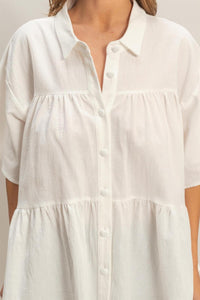 WOMEN'S SHORT SLEEVE BUTTON UP TIERED TUNIC TOP