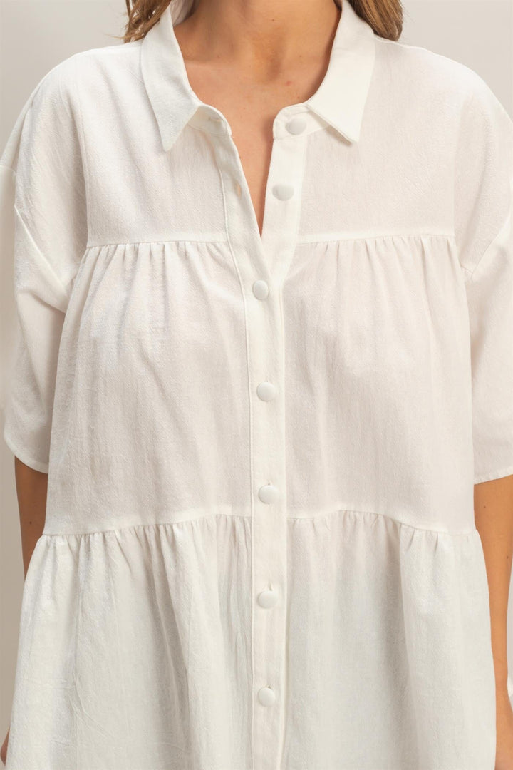 WOMEN'S SHORT SLEEVE BUTTON UP TIERED TUNIC TOP