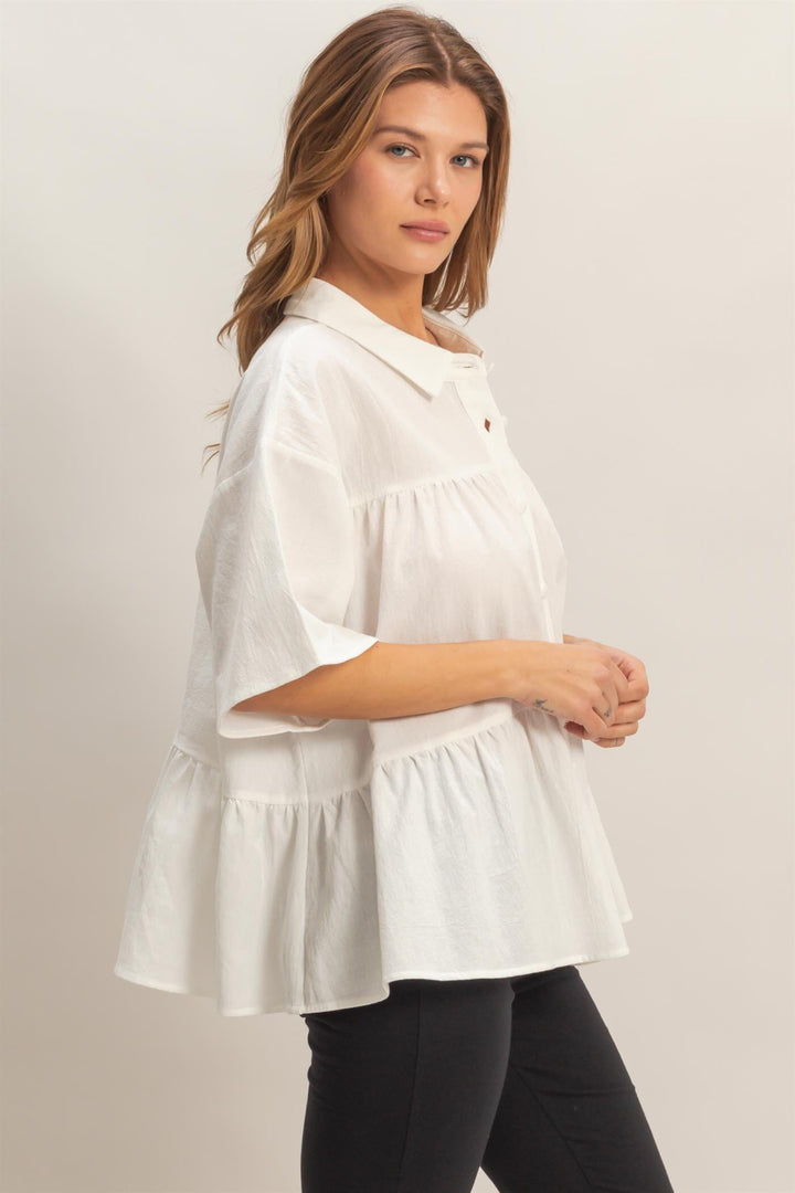 WOMEN'S SHORT SLEEVE BUTTON UP TIERED TUNIC TOP