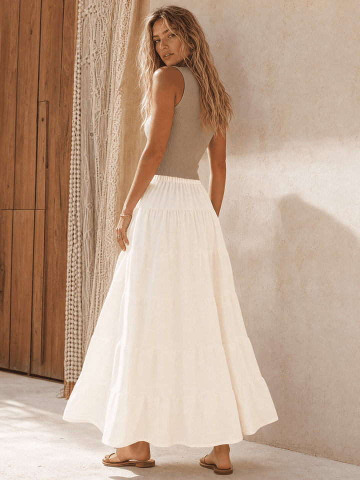WOMEN'S ELASTIC WAIST SELF TIE TIERED MAXI SKIRT