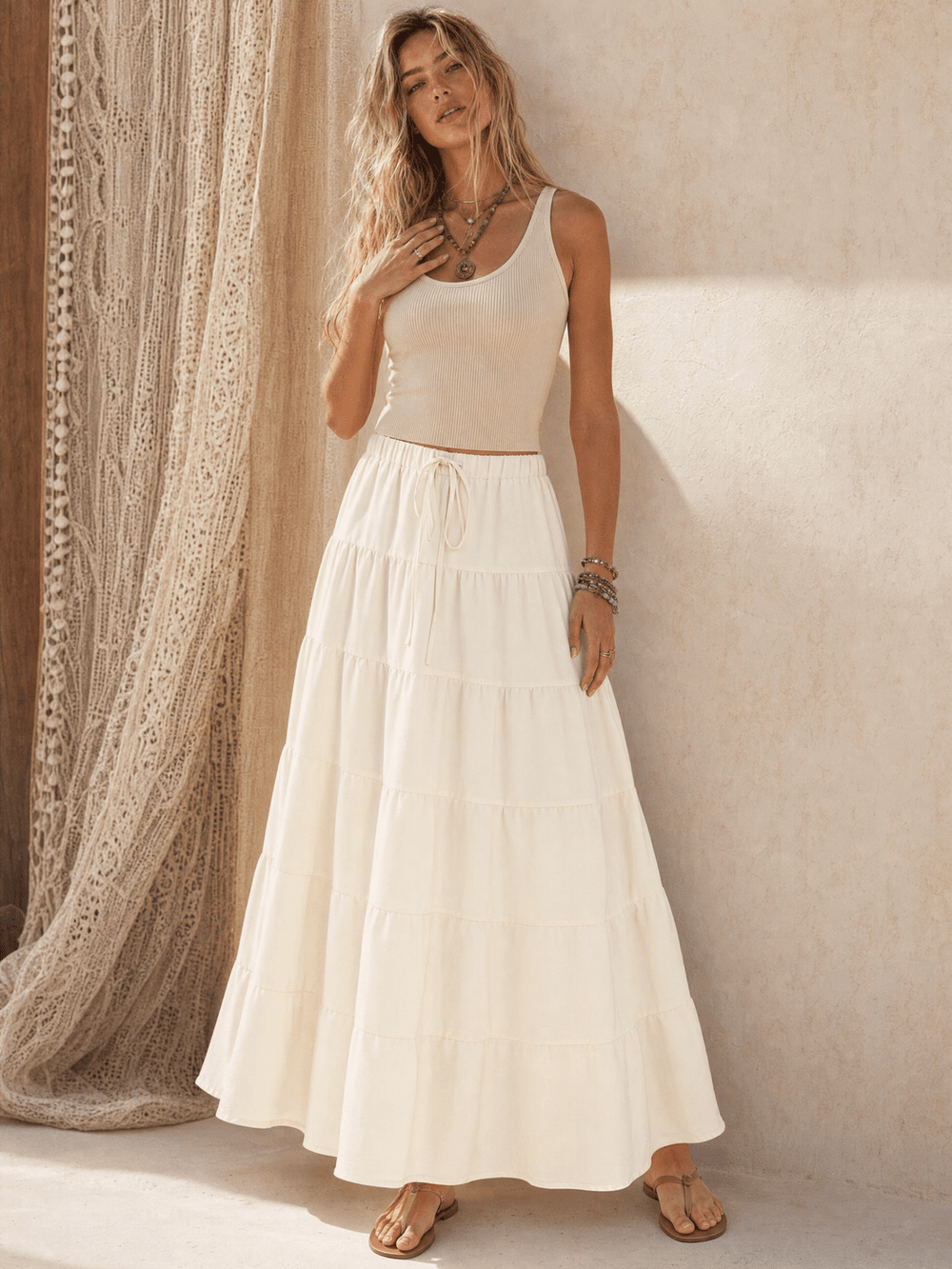 WOMEN'S ELASTIC WAIST SELF TIE TIERED MAXI SKIRT