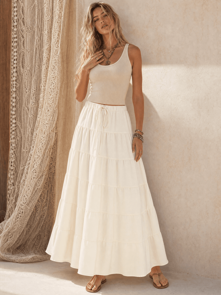 WOMEN'S ELASTIC WAIST SELF TIE TIERED MAXI SKIRT
