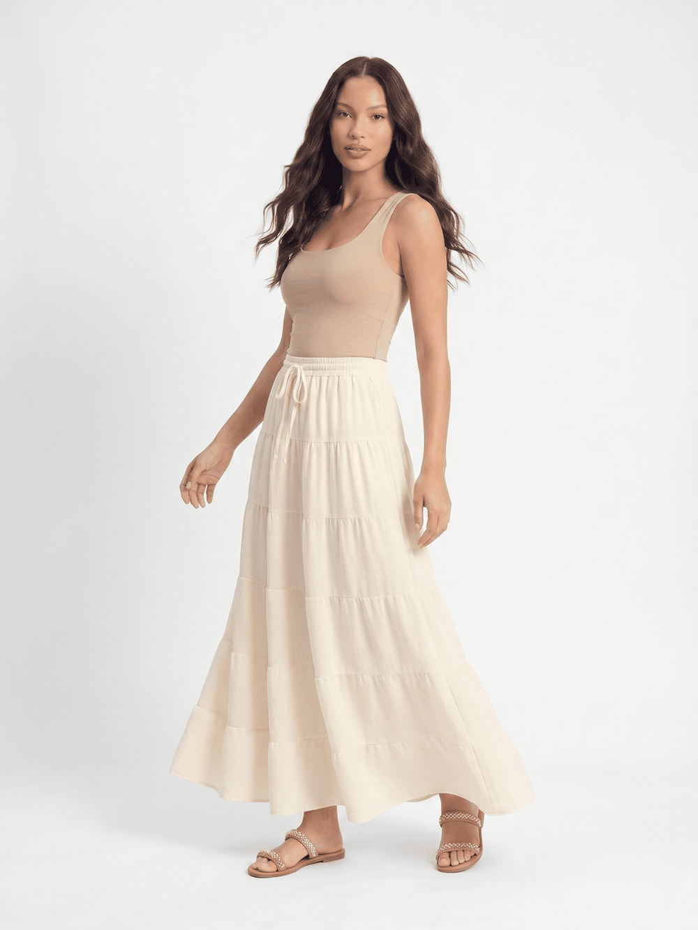 WOMEN'S ELASTIC WAIST SELF TIE TIERED MAXI SKIRT