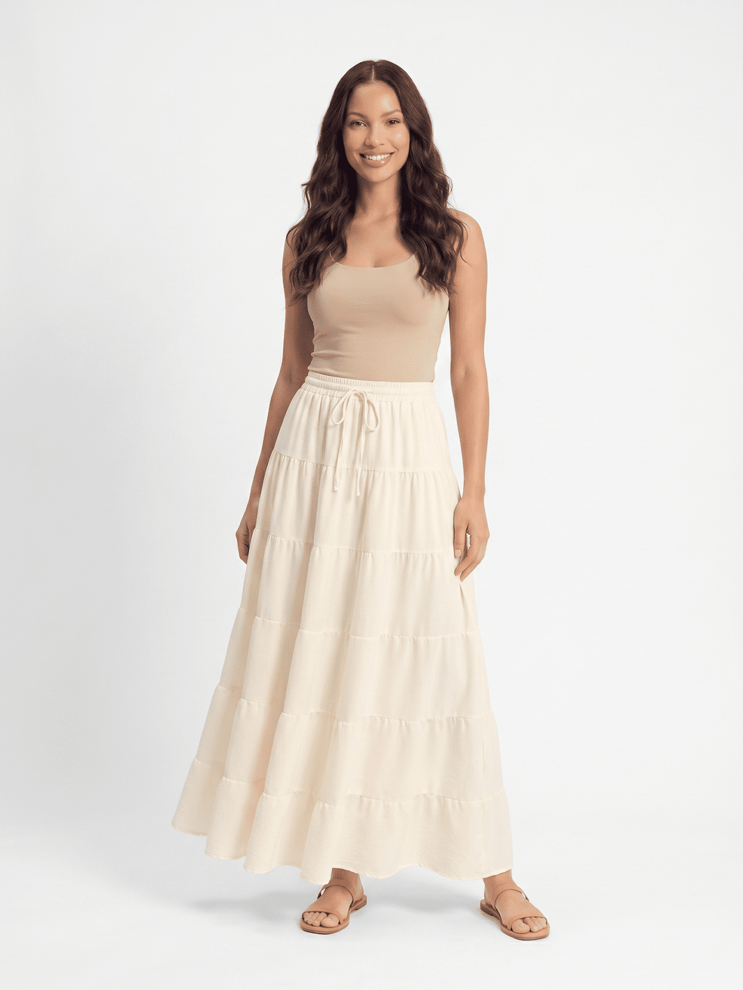 WOMEN'S ELASTIC WAIST SELF TIE TIERED MAXI SKIRT