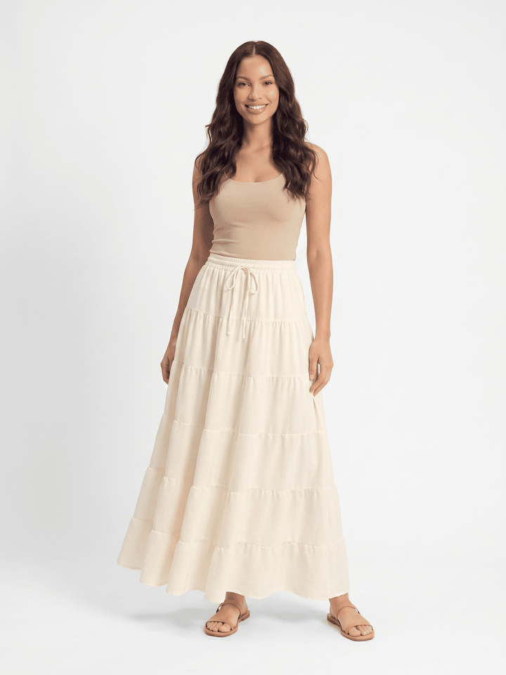 WOMEN'S ELASTIC WAIST SELF TIE TIERED MAXI SKIRT