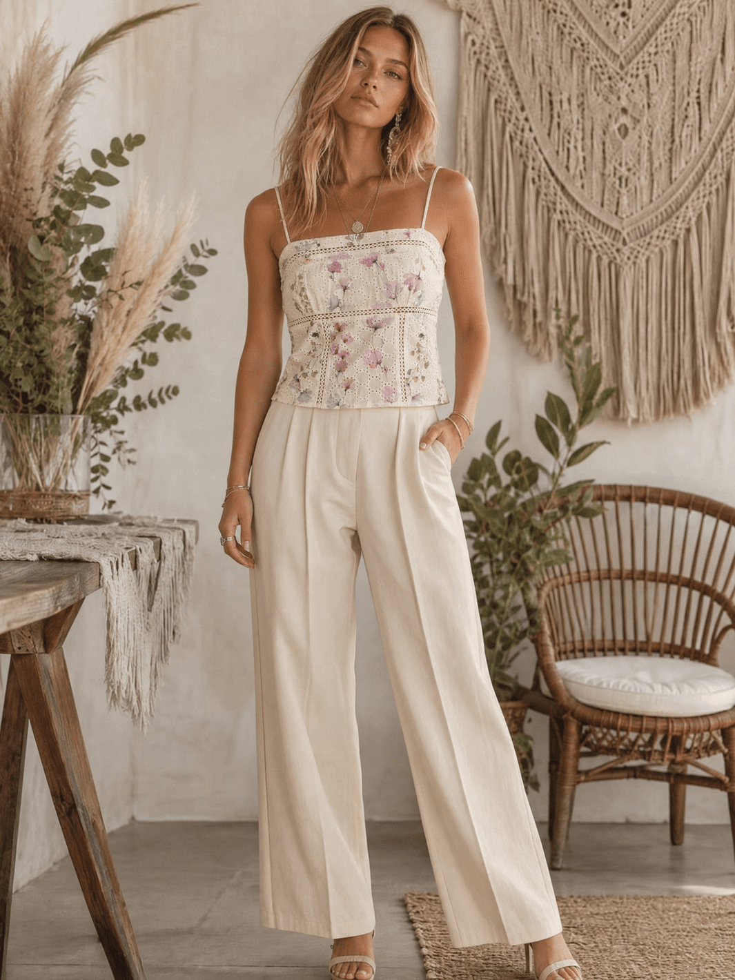 **********WOMEN'S SLEEVELESS SMOCK BACK EYELET FLORAL TANK TOP
