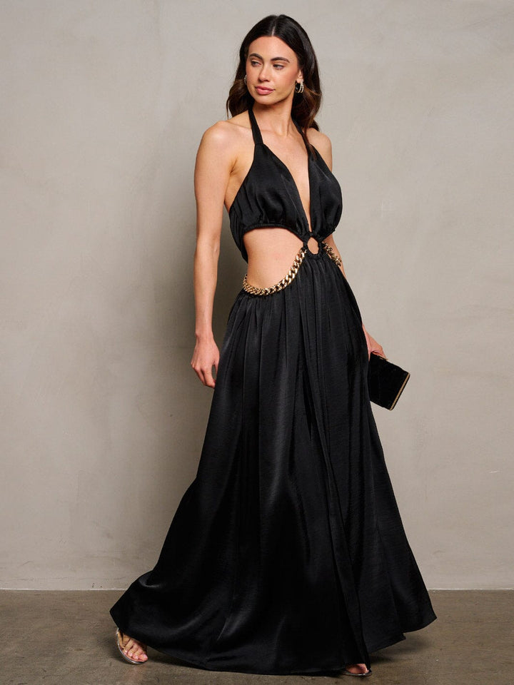 WOMEN'S SLEEVELESS CUT OUT CHAIN DETAILED OPEN BACK MAXI DRESS