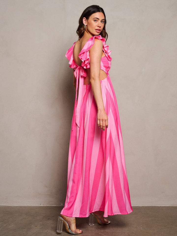 WOMEN'S SLEEVELESS RUFFLE V-NECK OPEN BACK STRIPES MAXI DRESS