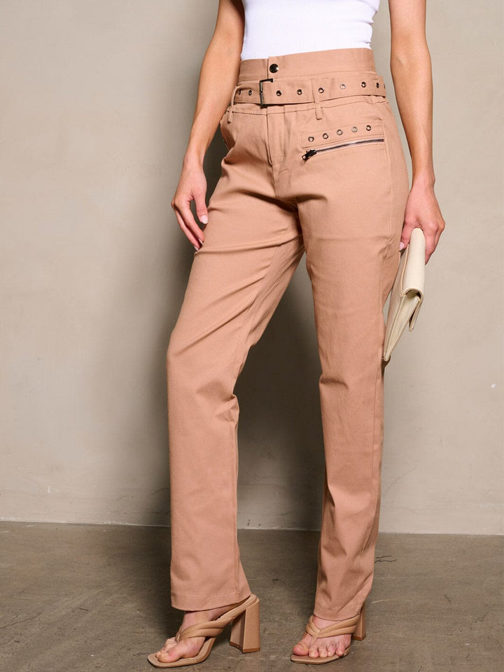 WOMEN'S BUTTON CLOSURE POCKETS BELT DETAILED PANTS