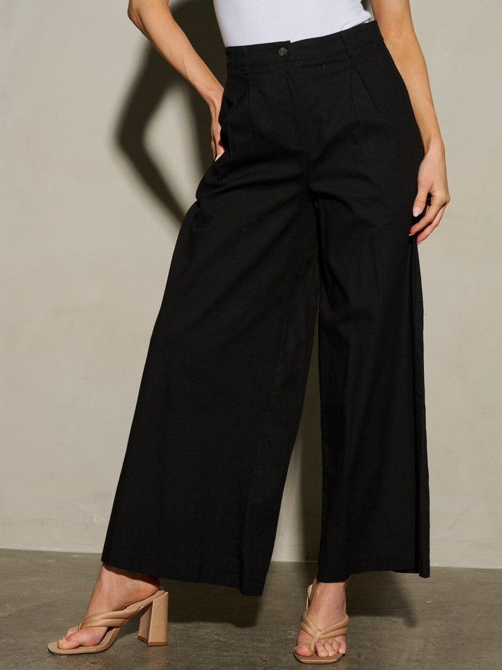 WOMEN'S BUTTON CLOSURE PLEATED POCKETS WIDE LEG PANTS