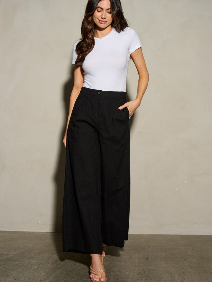 WOMEN'S BUTTON CLOSURE PLEATED POCKETS WIDE LEG PANTS