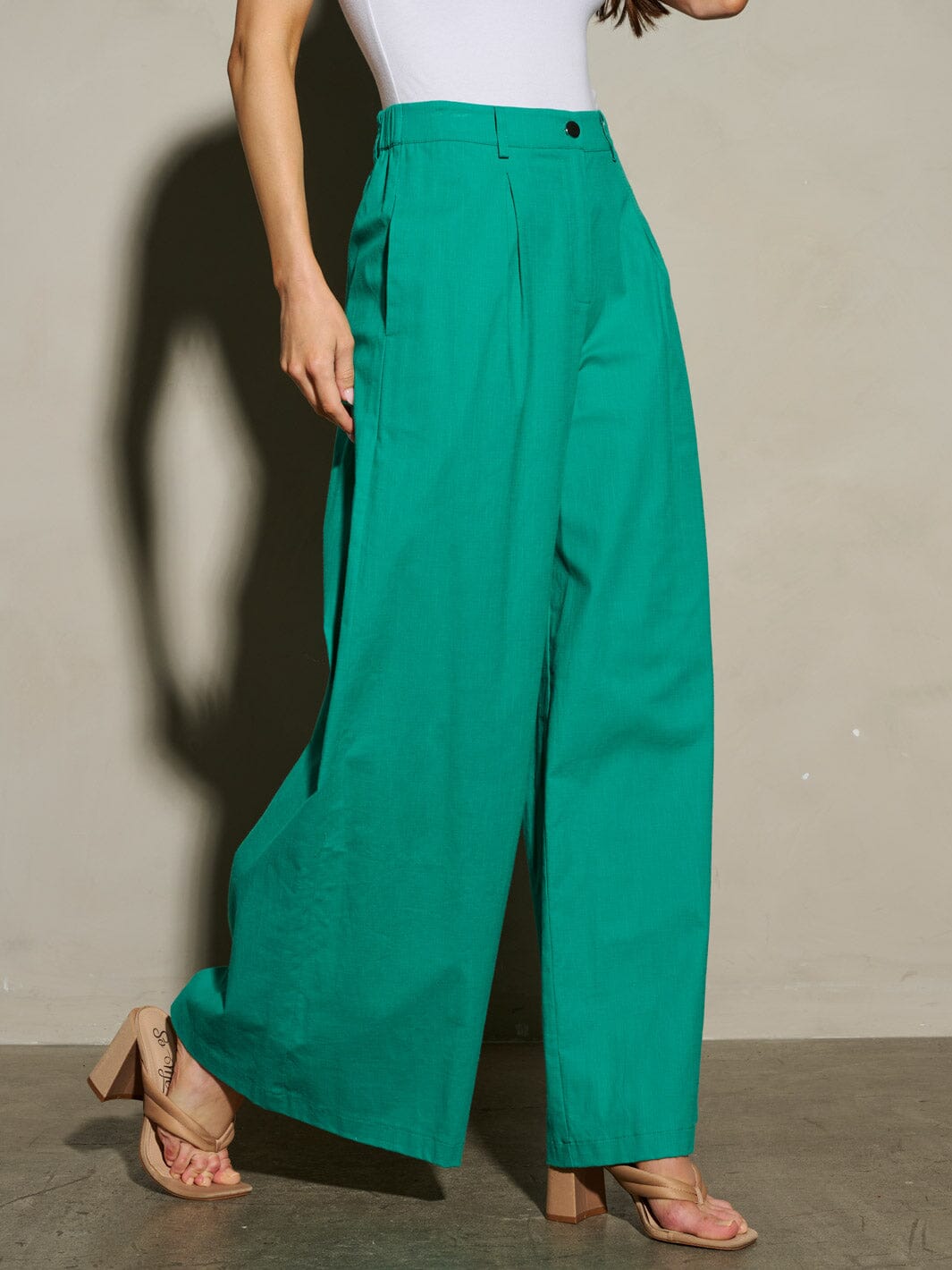 WOMEN'S BUTTON CLOSURE PLEATED POCKETS WIDE LEG PANTS