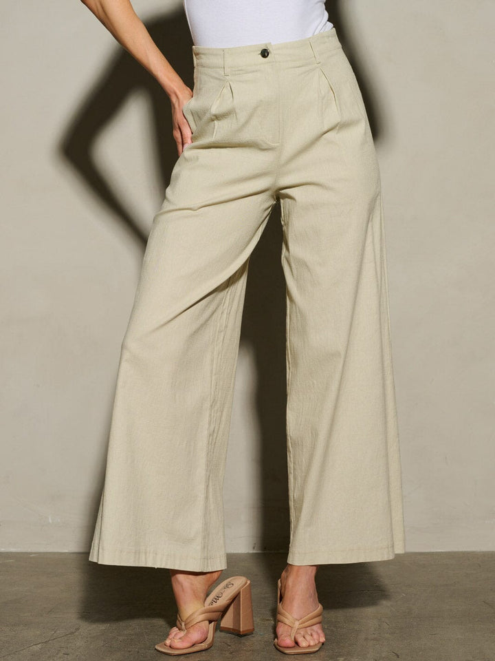 WOMEN'S BUTTON CLOSURE PLEATED POCKETS WIDE LEG PANTS