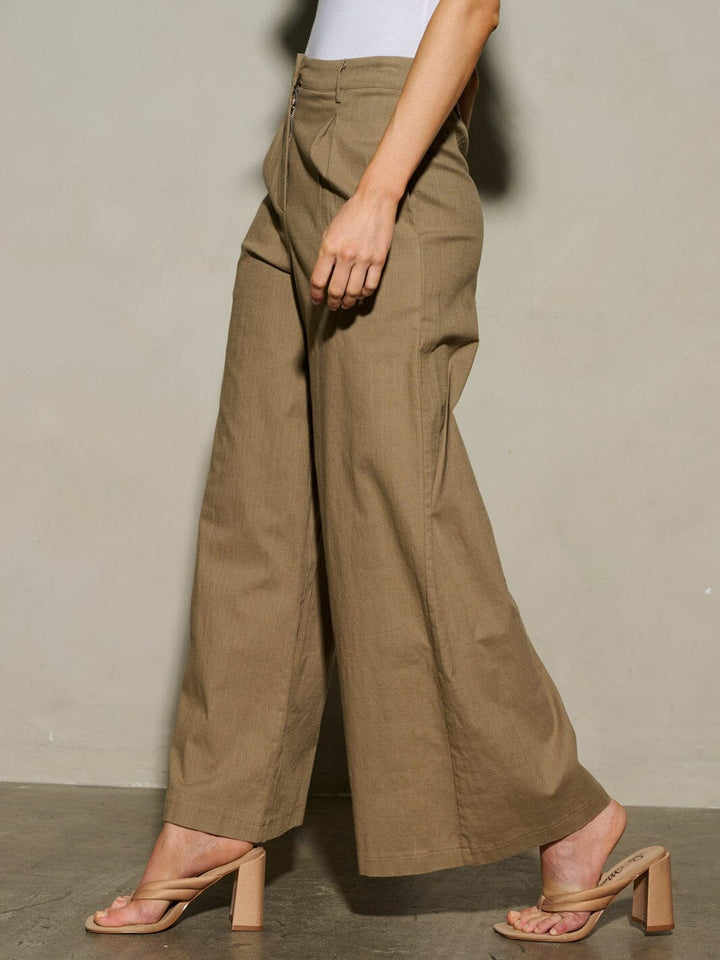 WOMEN'S BUTTON CLOSURE PLEATED POCKETS WIDE LEG PANTS